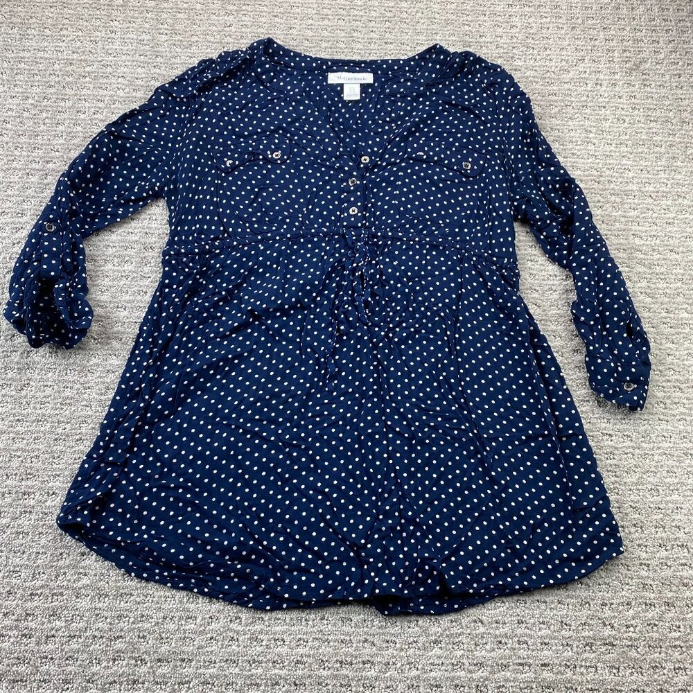 Motherhood Maternity Mini Dress Shirt Women Size Large L Navy Blue Polka Dots